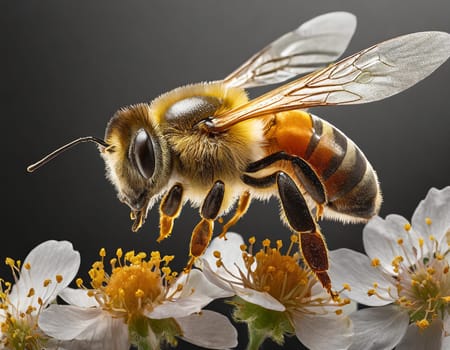 a stunning bee is flying, isolated on transparent background, macro