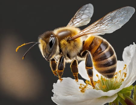 a stunning bee is flying, isolated on transparent background, macro