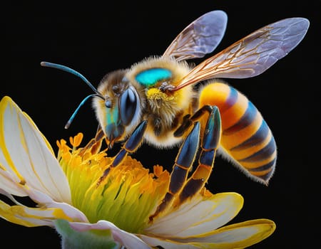 a stunning bee is flying, isolated on transparent background, macro