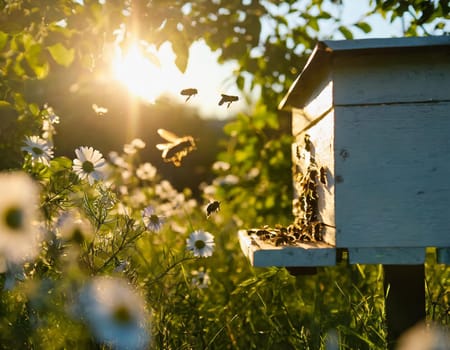A swarm of bees flying around the hive after a day of collecting nectar from flowers