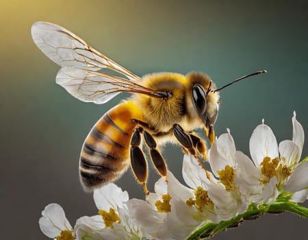a stunning bee is flying, isolated on transparent background, macro