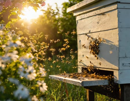 A swarm of bees flying around the hive after a day of collecting nectar from flowers