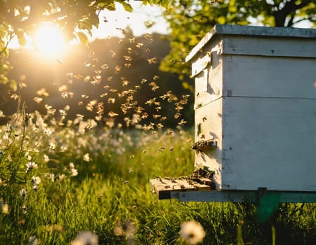 A swarm of bees flying around the hive after a day of collecting nectar from flowers