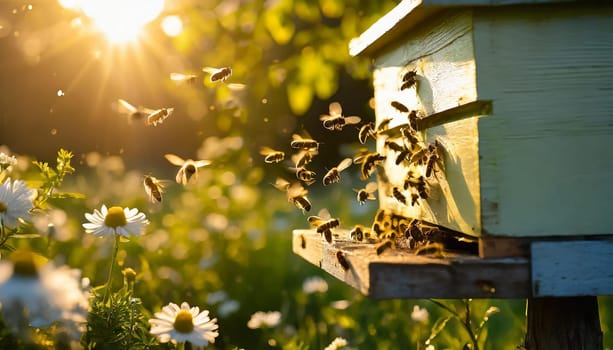 A swarm of bees flying around the hive after a day of collecting nectar from flowers