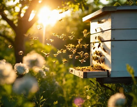 A swarm of bees flying around the hive after a day of collecting nectar from flowers