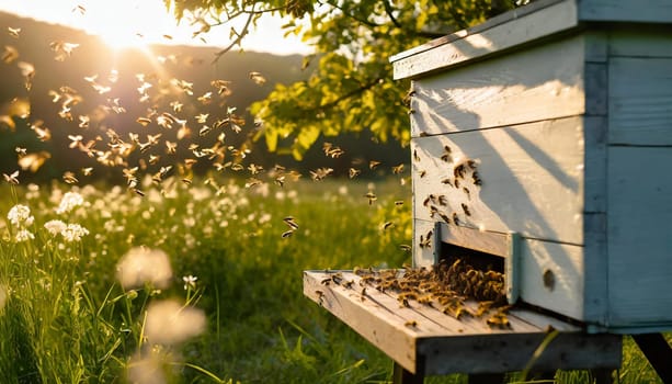 A swarm of bees flying around the hive after a day of collecting nectar from flowers