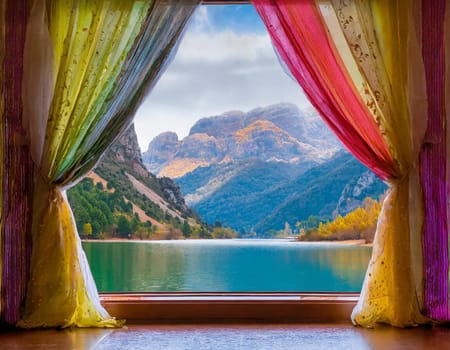 a window view of lake and mountains with curtains