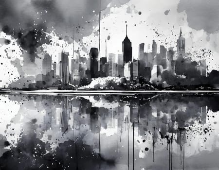 Abstract monochrome cityscape with ink splatter and reflection, urban skyline illustration