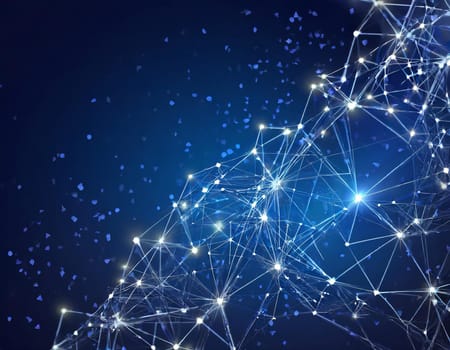 Abstract wireframe mesh with sparkling nodes and crumbling edges on a dark blue background