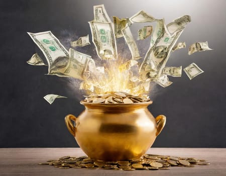 Abundance concept with money exploding from a golden pot