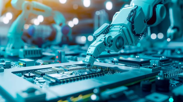 Advanced high precision robotic arm on fully automated PCB assembly line. Electronic devices production industry. AI generated