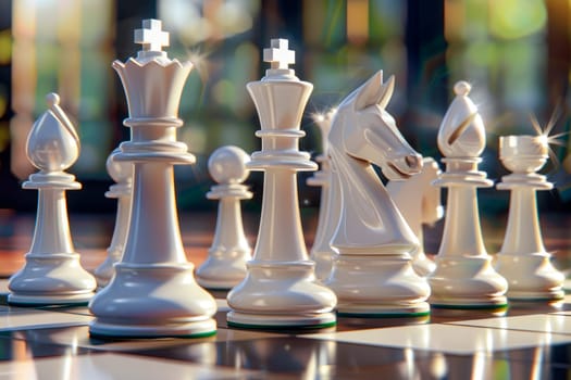 Ceramic Chess pieces on the chessboard. Close Up Playing Chess Game.  Symbol for good business strategy and tactics. AI generated
