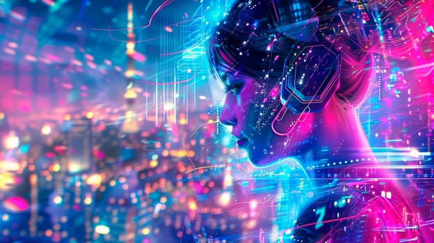 Young girl in modern headphones listening music in a futuristic city with blue and violet neon light. AI generated
