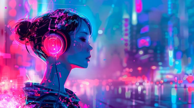 Young girl in modern headphones listening music in a futuristic city with blue and violet neon light. AI generated