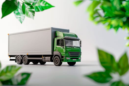 Eco friendly logistic concept. Green transport delivery eco logistic truck with a green leaves. AI generated