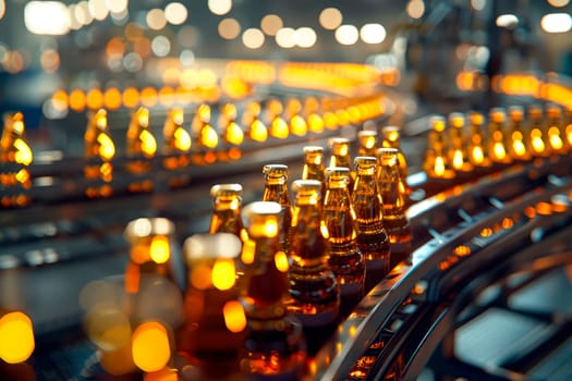 Brown glass beer drink alcohol bottles, brewery conveyor, modern production line. AI generated