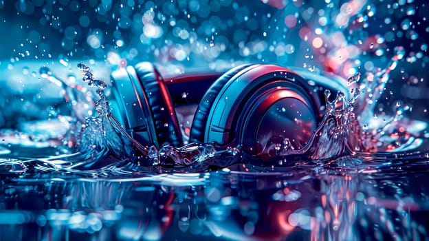 Wireless headphones falling in a water with big splashes. AI generated