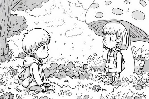 A boy and a girl with big smiles sitting close together under a vibrant umbrella, sharing stories and enjoying each others company.