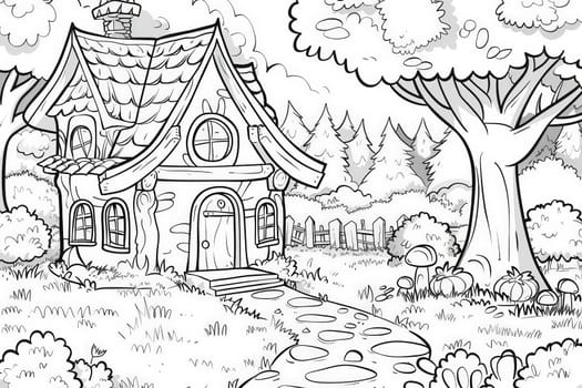 A whimsical cottage nestled in a forest clearing, sketched for a childs coloring adventure.