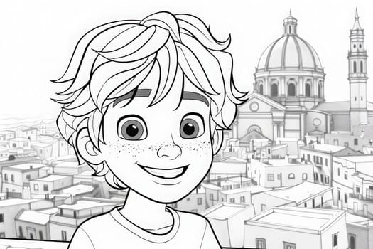 A boy with a playful grin stands before a stylized city, inviting creativity.