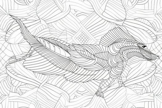A black and white drawing of a bird gracefully flying through the air in a cartoon style, perfect for coloring pages.