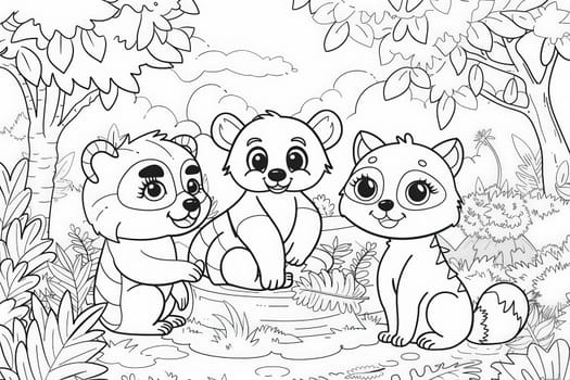 Three adorable little animals are exploring the colorful forest, surrounded by trees and flowers, in this charming coloring page for kids.