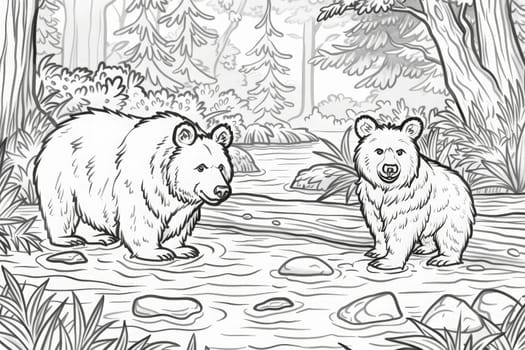 Two cartoon bears stand near a gentle stream amidst a detailed forest backdrop.