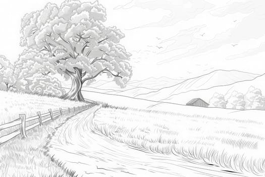 A tranquil scene of a black and white country road winding through fields and trees, inviting exploration and contemplation.