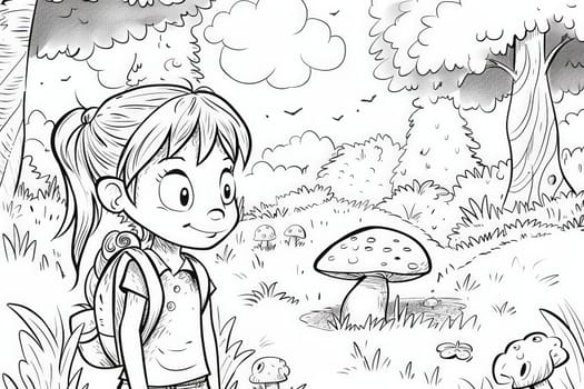 A young girl with a backpack gazes at a mysterious mushroom sprouting amidst the lush greenery of the forest.