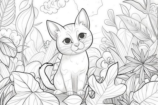 A majestic cat sits calmly in the heart of a lush jungle, surrounded by towering trees and exotic plants.