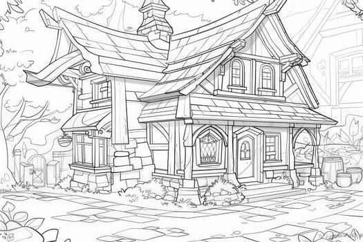 A whimsical drawing of a cozy cabin nestled in a lush forest setting, surrounded by tall trees and a serene atmosphere.