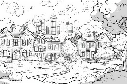 A charming sketch of a serene neighborhood flanked by greenery and skyscrapers on the horizon.