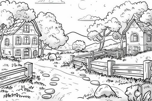 A serene countryside scene with a charming house nestled among trees under a crescent moon.