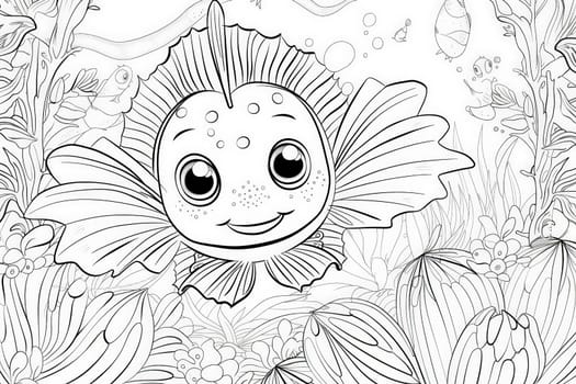 A smiling fish swims among intricately drawn sea plants, ready for colors to be filled in.