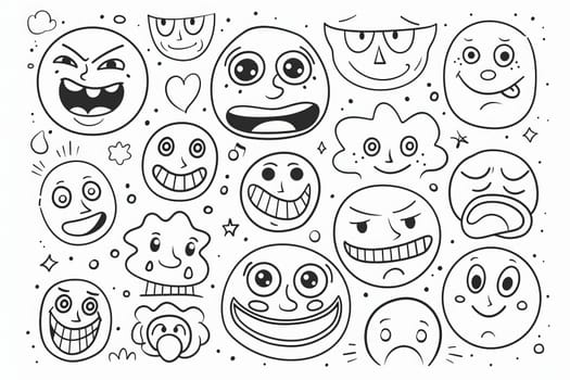 A black and white drawing featuring a variety of unique faces expressing different emotions and characteristics in a creative and artistic style.