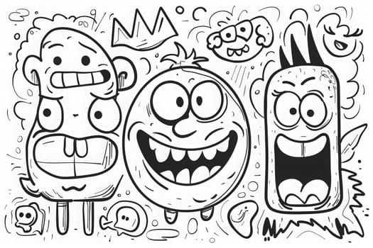 A lively black and white drawing featuring a variety of cartoon characters inspired by emojis, each with its own unique expression and personality.