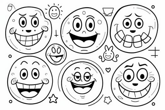 A colorful assortment of cartoon faces displaying various expressions, from joyful smiles to grumpy scowls, perfect for a fun coloring activity for kids.