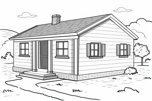 A quaint small house with a charming porch and a traditional chimney, nestled in a serene setting.
