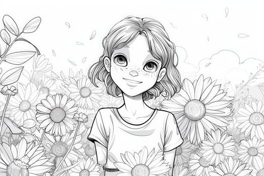 A girl with flowing hair stands tall in a field of bright yellow sunflowers, basking in the warm glow of the sun.