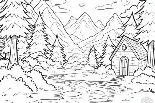 An inviting cartoon cabin in a serene forest waits for childrens colors.