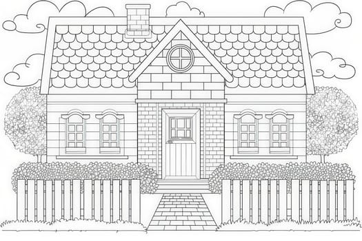 A whimsical drawing of a charming house nestled behind a grand gate, exuding an aura of mystery and elegance.