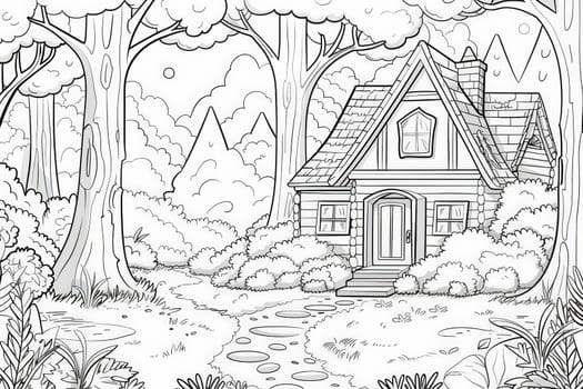 A charming house nestled in the heart of a lush forest, surrounded by a canopy of towering trees under a clear sky.