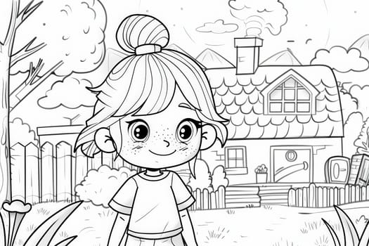 A playful cartoon girl named Emmaline stands in front of a colorful and quirky house, filled with whimsical details and charm.