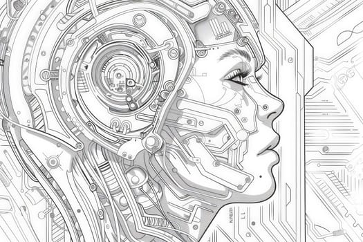 A serene face emerges amidst intricate cybernetic patterns, reflecting a symbiosis of technology and humanity.