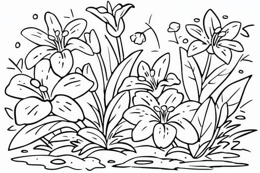 Lush cartoon lilies and plants invite creativity in a garden scene.
