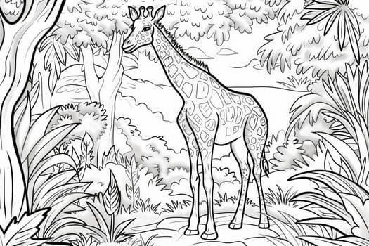 A majestic giraffe gracefully stands among lush green jungle foliage and trees.