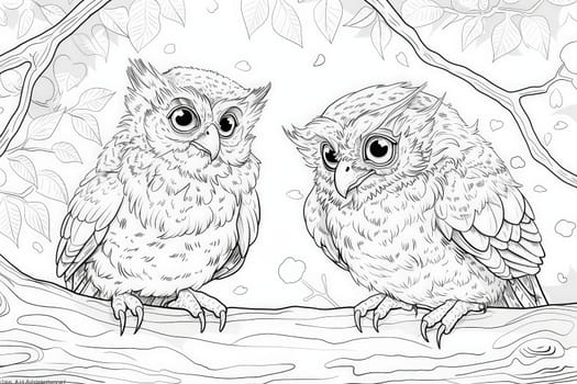 Two whimsical owls in vibrant hues sit gracefully on a twisted tree branch adorned with golden leaves.
