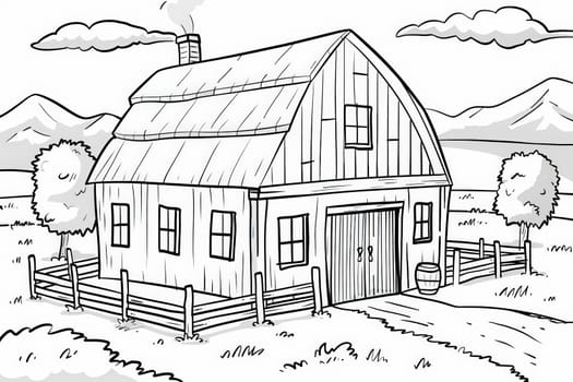 A quaint farm house nestled within a wooden fence, surrounded by towering mountains in the distance.