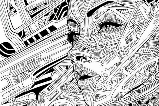 A womans face is embedded within a maze of abstract, tech-inspired lines and shapes.