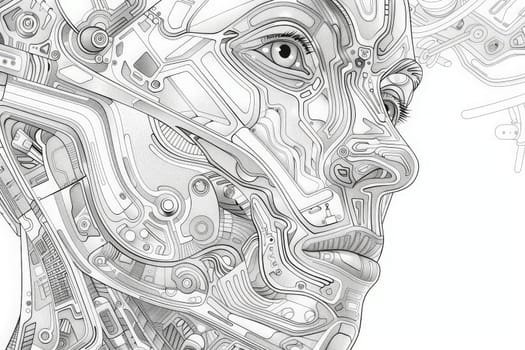 A detailed sketch blends a human eye amidst an array of mechanical components.